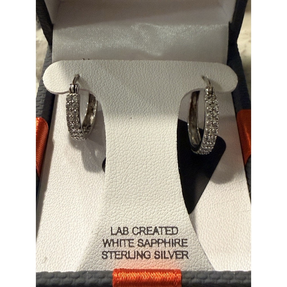 Sterling Silver Hoop Earrings Lab Created White Sapphire Classic Dainty